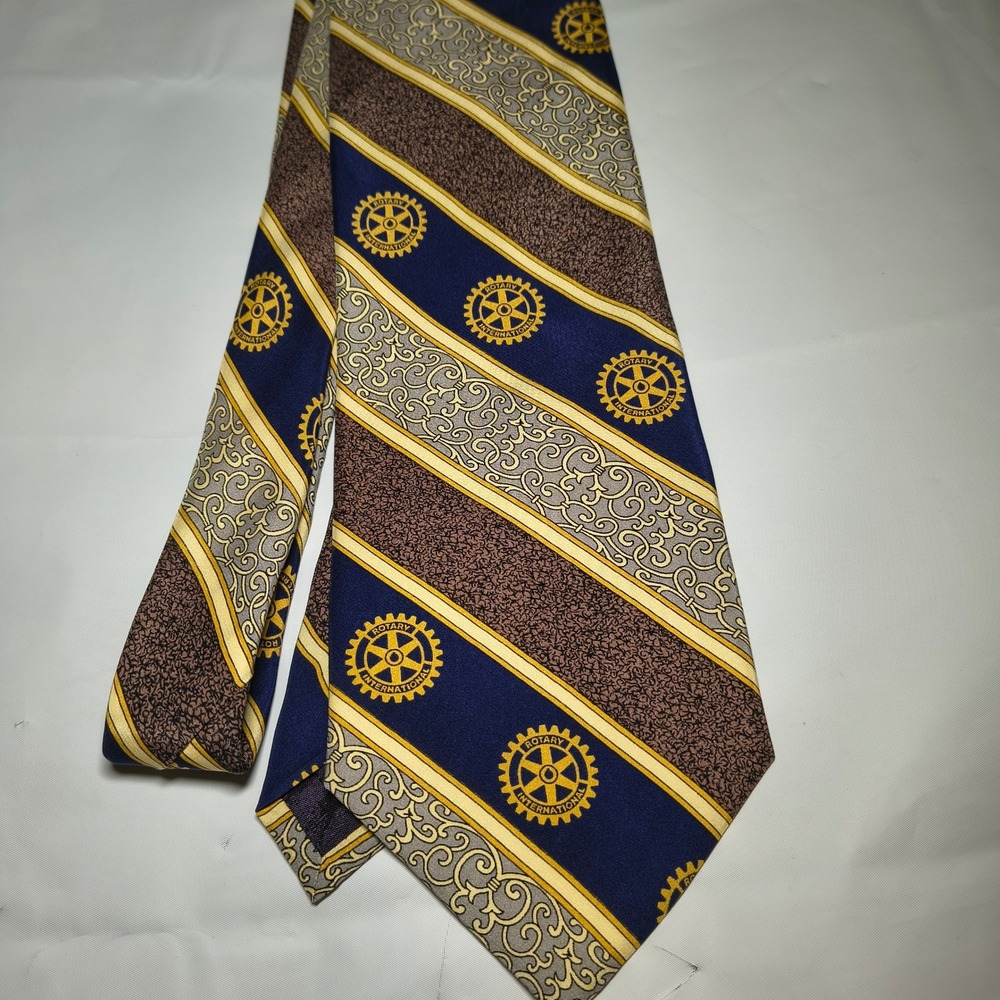 Russell Hampton Rotary International Silk Tie Navy Gold Striped Logo Mens